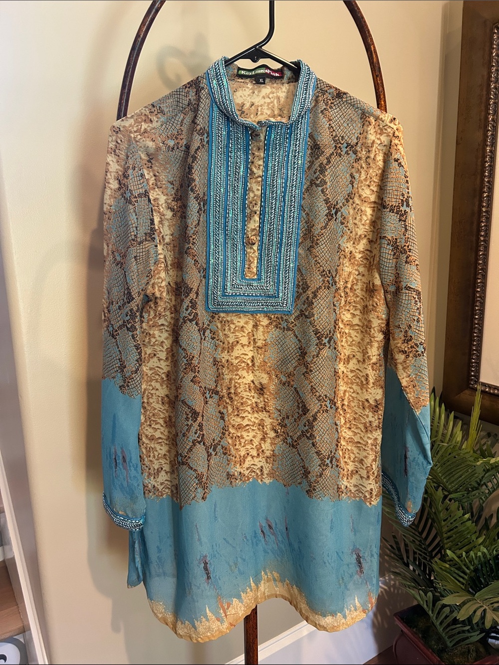 Beaded Turquoise & Beige Women's Tunic Blouse
